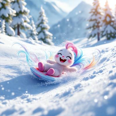 The primary subject of the image is a cute, colorful, and happy cartoon character, possibly a pony, sitting on a snowboard in the snow. The setting is a snowy environment, with the character surrounded by a white snowy landscape. The visual style of the image is a digital art or illustration, with the character and snowboard being the main focus of the scene. The colors and mood of the image are bright, cheerful, and fun, with the character's smile and the snowy landscape creating